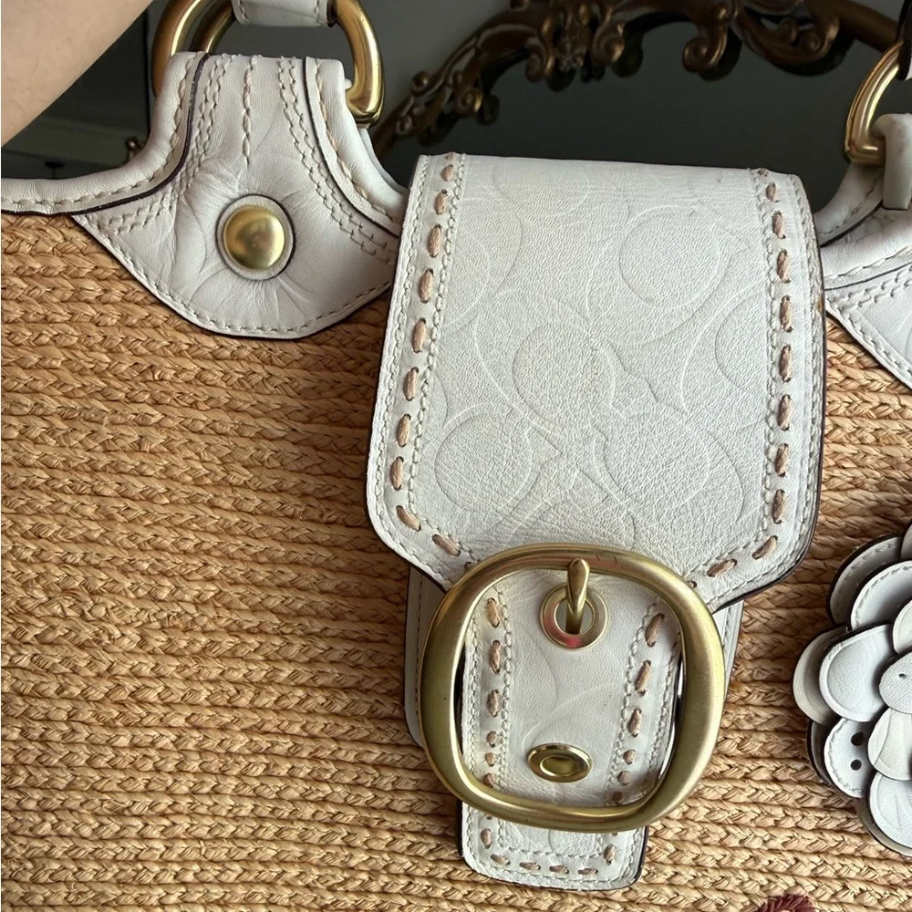Coach Bleecker Straw Tote with White Trim and Floral Applique
